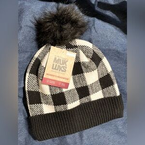 Muk Luks Ebony Buffalo Check Pom Pom Beanie